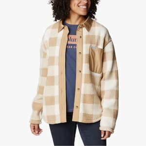 Columbia Women's West Bend Shirt Jacket Shacket Button Sherpa Fleece Plaid M Tan